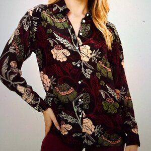 Oliphant Button Down Floral Blouse Long Sleeve Turin Wine